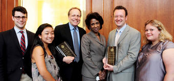 Celebrating at the May 3 ceremony were (left to right) Academic Awards Committee Co-chair Erik Kogut ’12, AAC Co-chair Cathi Choi ’13, the Larry Miller Professor of English and Comparative Literature James Shapiro ’77, former Dean Michele Moody-Adams, Ass Photo: Daniella Zalcman ’09